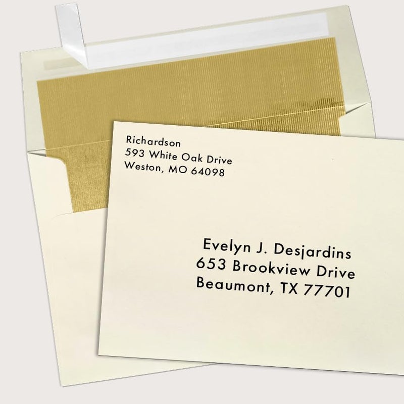 LUXPaper A7 Foil Lined Invitation Envelopes | Peel & Press | 5 1/4" x 7 1/4" | Natural w/Gold LUX Lining | 70lb. Text | 50 Qty - Image 3